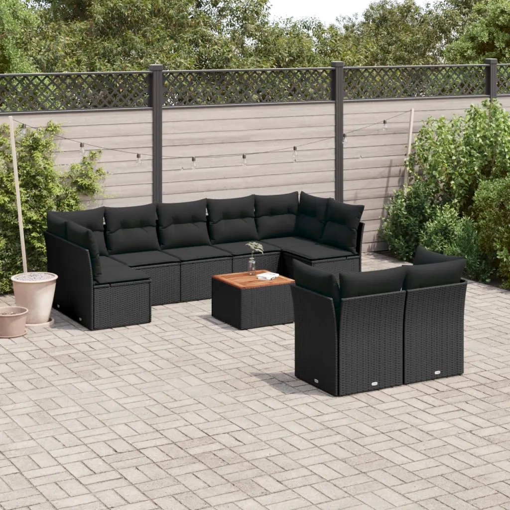 Set Divani da Giardino 10pz con Cuscini in Polyrattan Nero 3256139