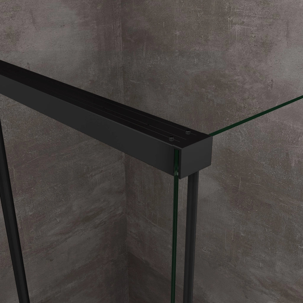 Box Doccia Ad Angolo Con Parete Fissa Laterale e Porta Frontale Con Chiusura Soft Close Ammortizzata H 200 8 MM Telaio Nero Opaco Cm 120 (118-120) x 170 (167-170)