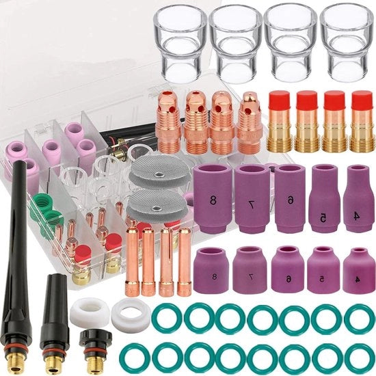 48 pezzi Kit di lente per torce TIG - WP-17/18/26 - Vano di raffreddamento in alluminio - Corpo di spinta - Colletti - Coppe posteriori - Diffusori - O-ring - Impacchi di coppe