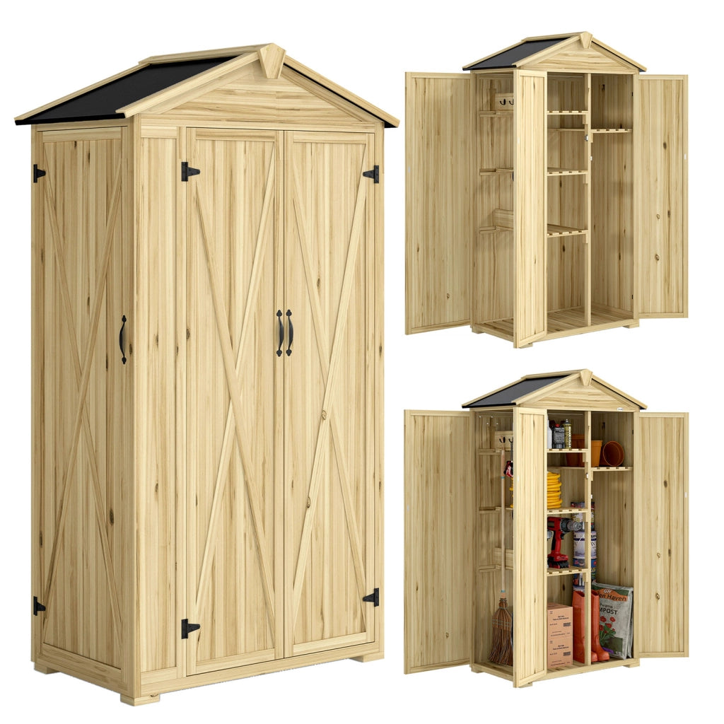 Armadio da Giardino 93x53x168 cm a 3 Ante con 4 Ripiani e Ganci in Legno di Abete Naturale