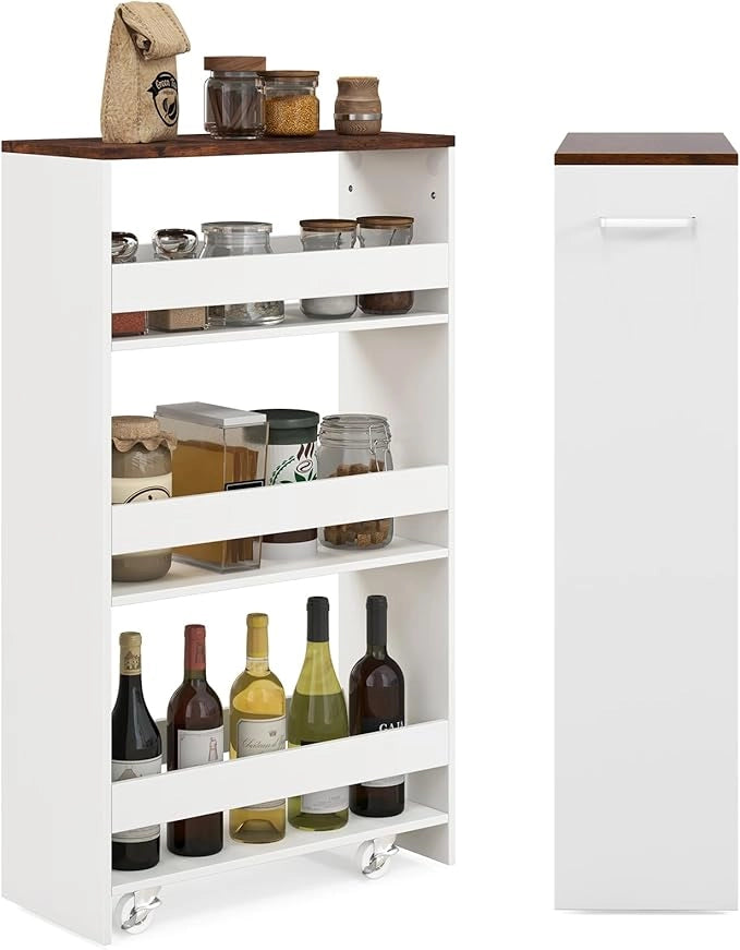 Carrello Portaoggetti da Cucina, Scaffale con Maniglia Laterale e Ruote, Carrello Salvaspazio con 3 Scaffali Stretti, 47,5x20x80,5 cm (Marrone+Bianco 47,5x20x80,5 cm)