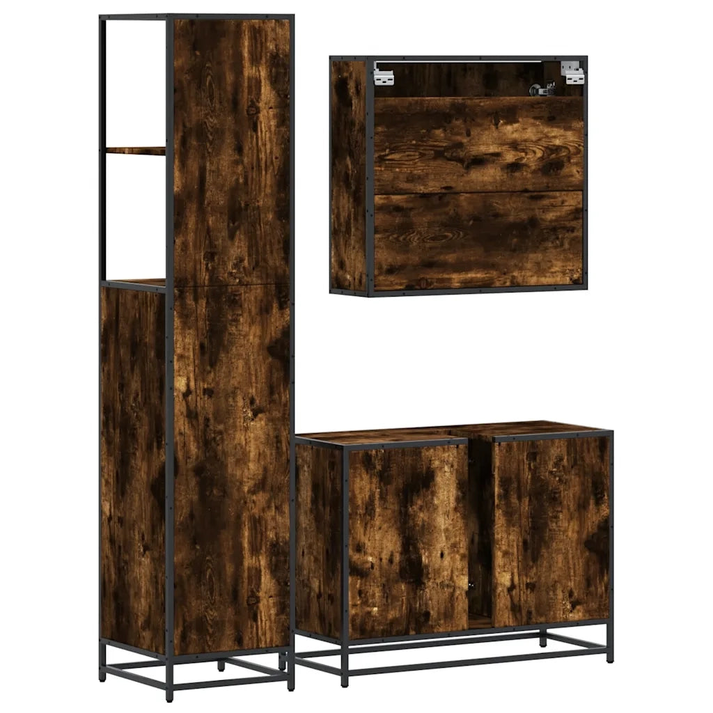 Set Mobili da Bagno | Armadio da bagno 3 pz Rovere Fumo in Legno Multistrato