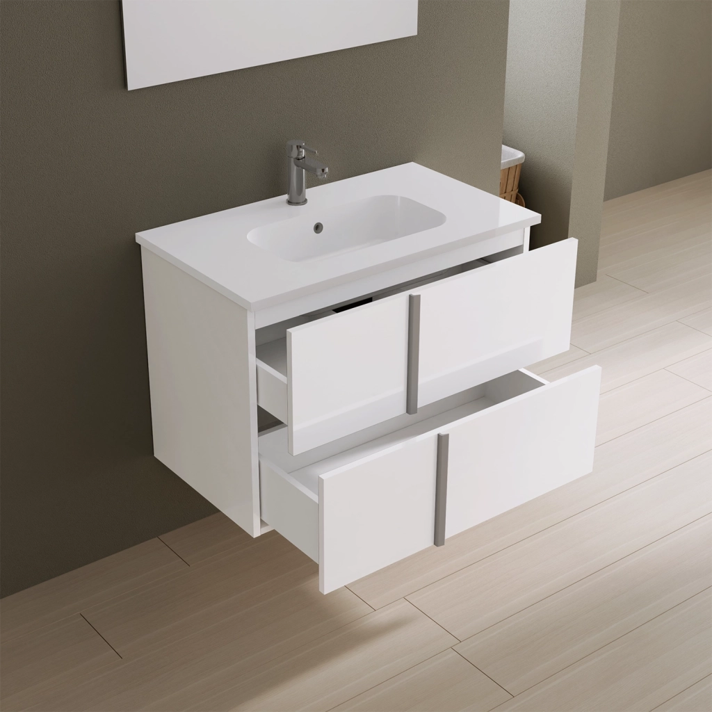 Mobile da bagno sospeso 80cm bianco lucido con lavabo e specchio | Hoia