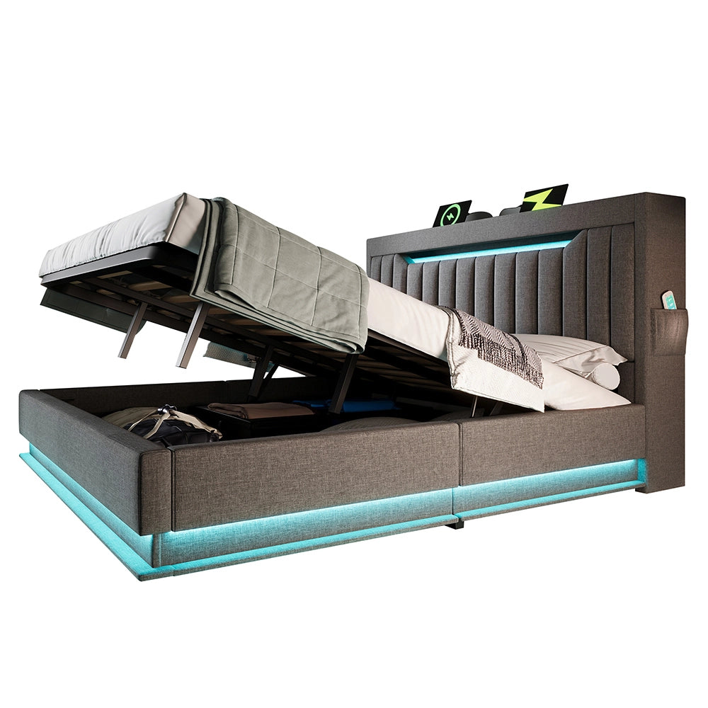 Letto matrimoniale-Xylo-140x200 cm-LED, USB-C, testiera, idraulico, lino, grigio