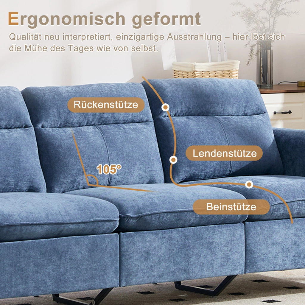Divano angolare modulare a U 4 posti con contenitore e braccioli, in Chenille Blu