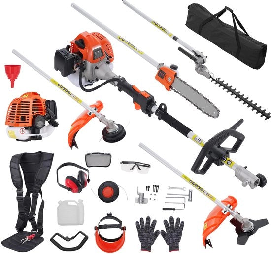 Multifunzionale Trimmare a 5 in 1 - Heggenscassino a Gas - Estirpatore/Tagliatrice a Cavo/Raschiatrice con Estensione - Colore Arancione