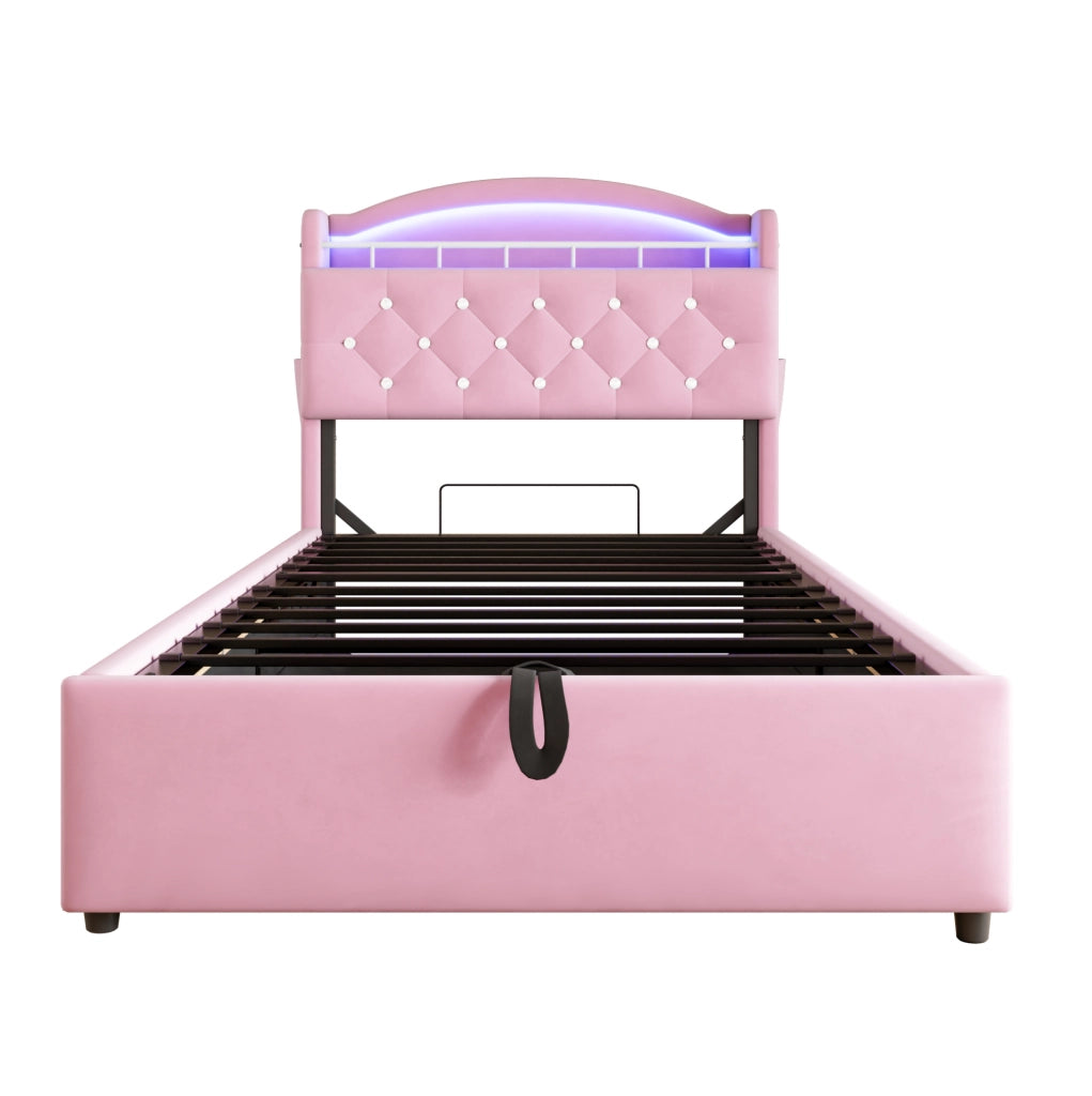 Letto imbottito 90x200 con contenitore, LED e USB, rosa