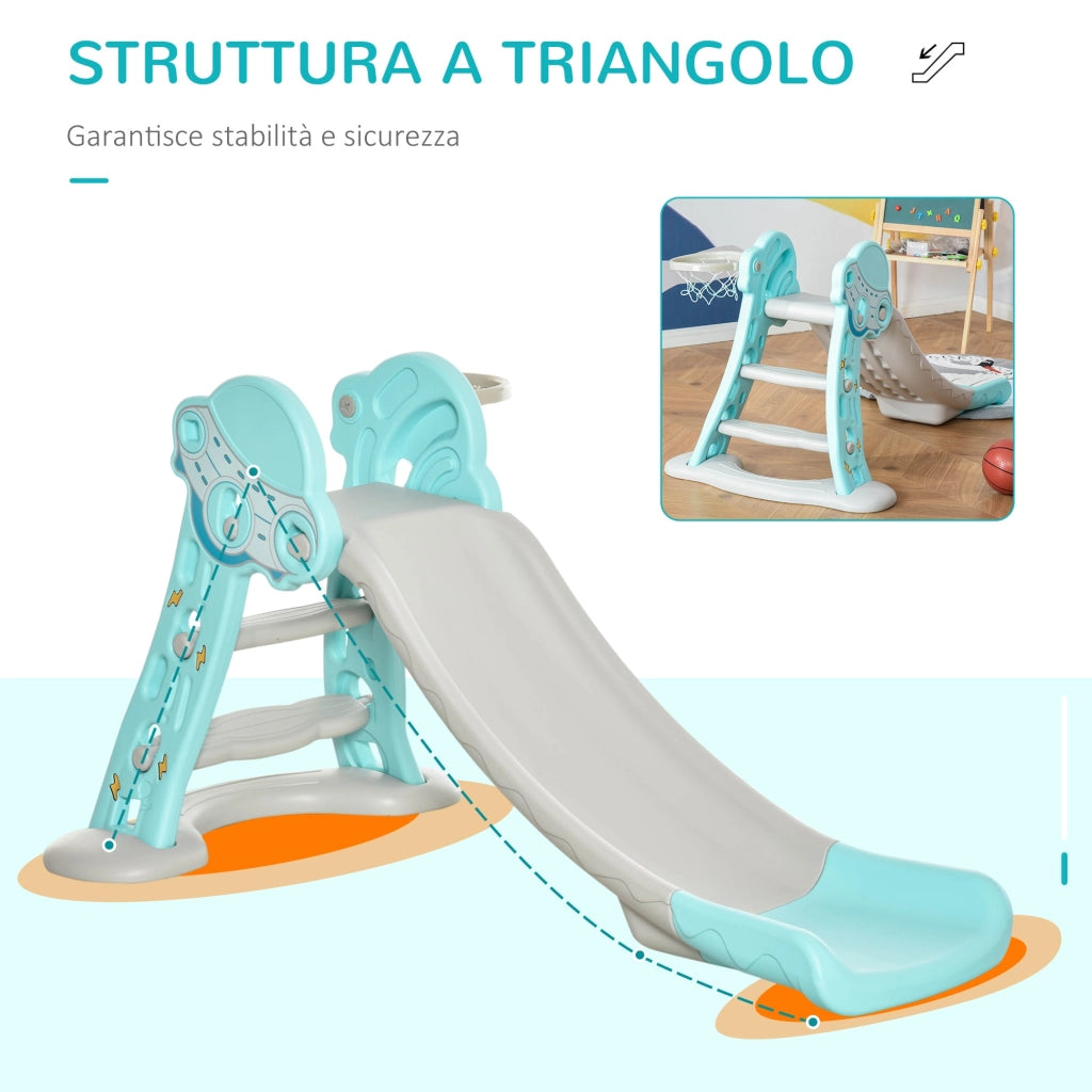 Scivolo per Bambini Pieghevole con Canestro Basket 140x87x75 cm Blu e Grigio