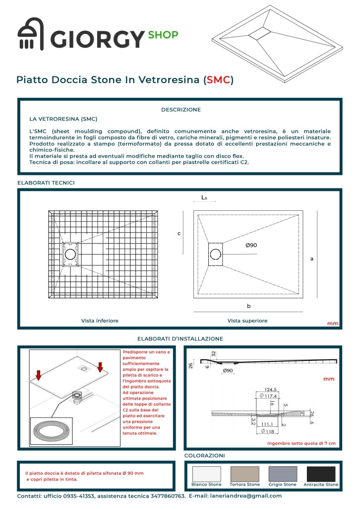 Piatto Doccia In SMC Vetroresina Effetto Pietra H 2,6 Cm Con Piletta Di Scarico Inclusa 70-170 Tortora