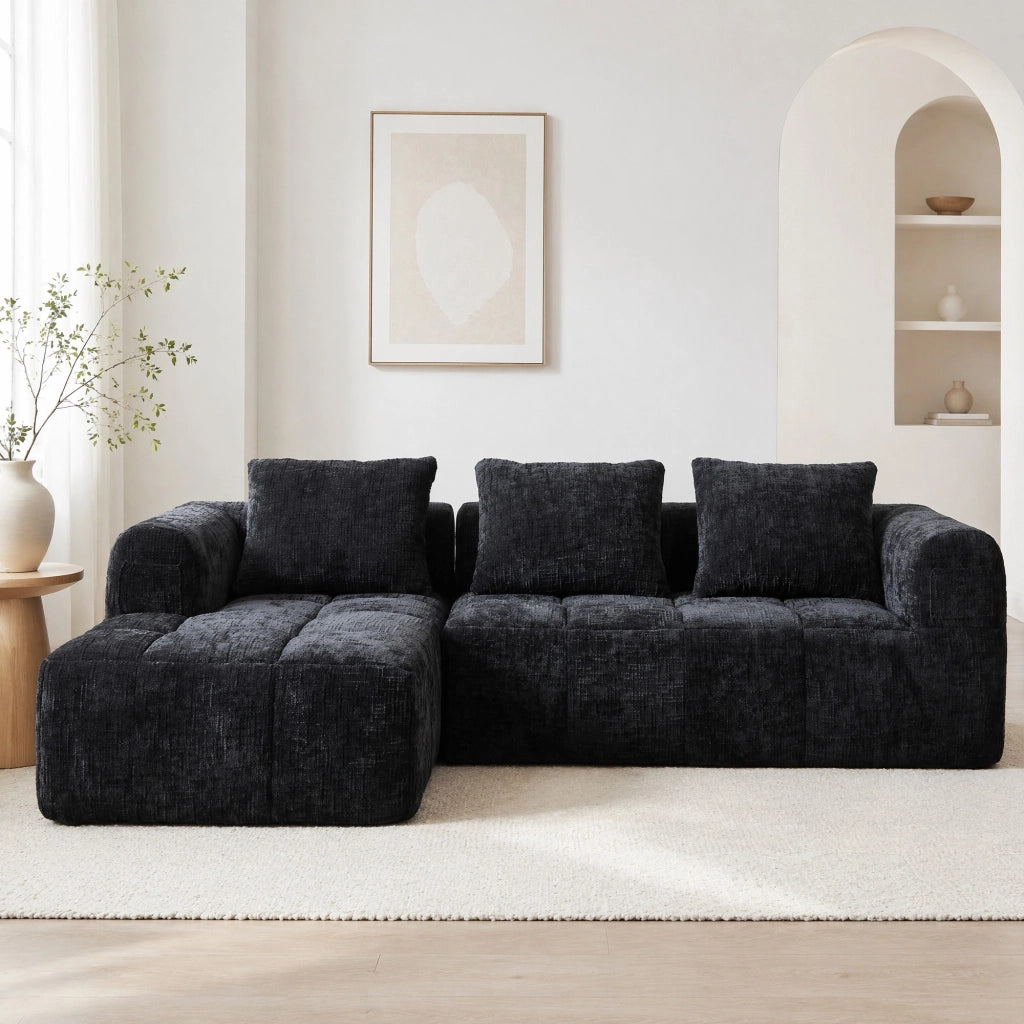 Divano componibile con chaise longue; 250x158x60 cm; chenille nero