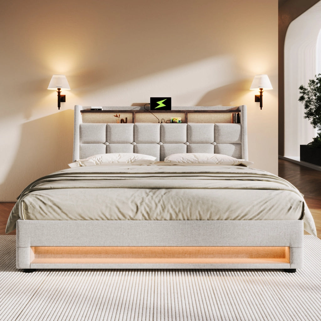LETTO Imbottito 160x200 cm Beige con USB e LED in tessuto effetto lino