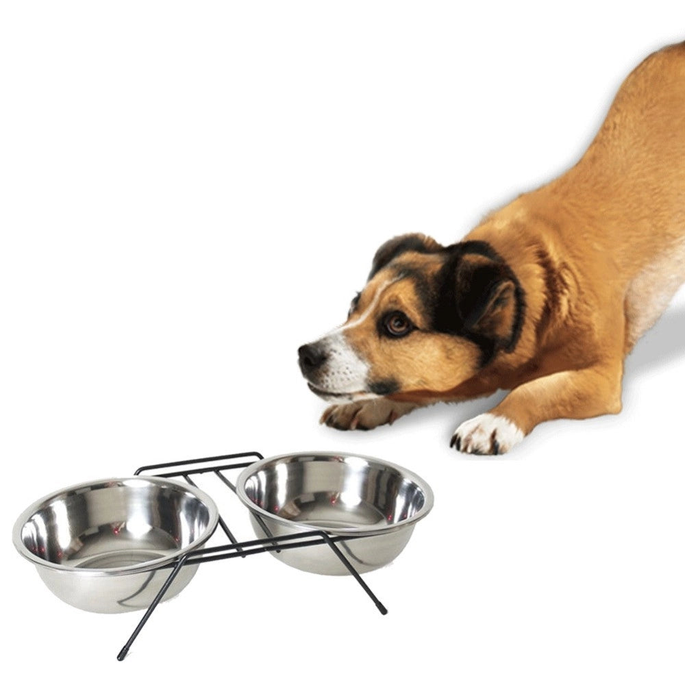 Trade Shop - Ciotola Doppia Rialzata Per Cani 2 Per 14cm Con Supporto Cibo Acqua In Metallo -