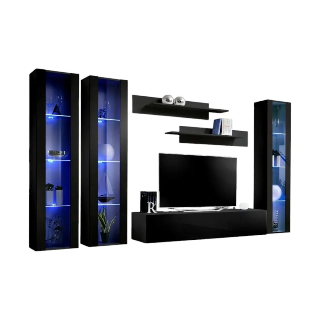 Mobile TV FLY C2 design, colore nero lucido. Mobile sospeso moderno e alla moda per il tuo soggiorno.