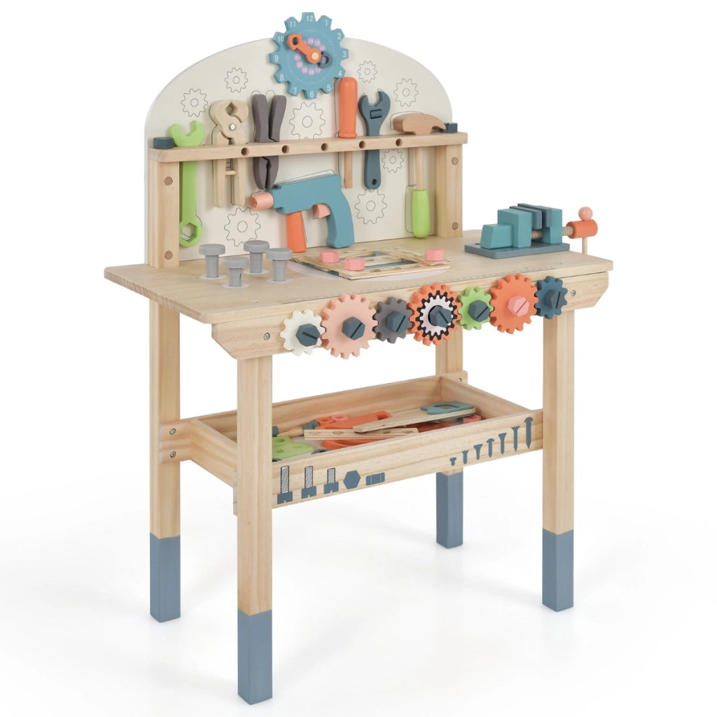 Banco da lavoro per bambini con attrezzi e accessori realistici e ripiano, Banchetto da lavoro in legno Colorato-Giocattoli educativi