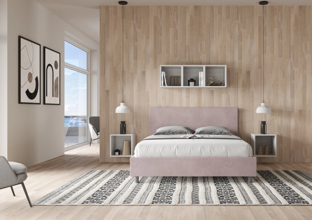 BS COM Letto queen size contenitore imbottito 150x200 microfibra glicine