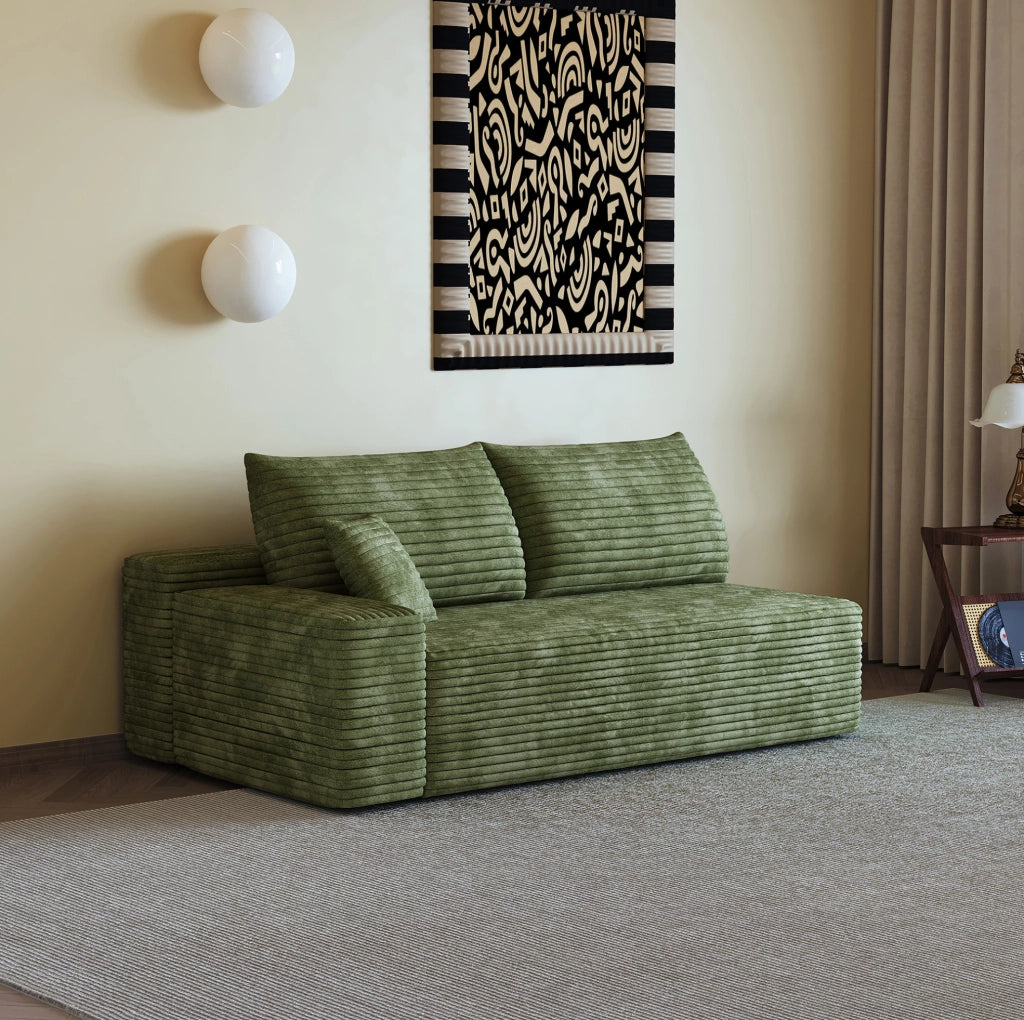 Divano modulare 2 posti con chaise longue reversibile, colore verde, in tessuto effetto corduroy
