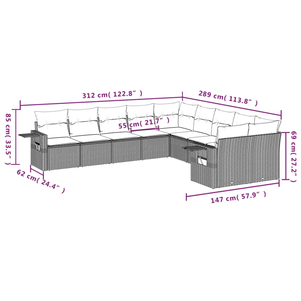 Set Divano Giardino 10 pz con Cuscini Grigio Chiaro Polyrattan