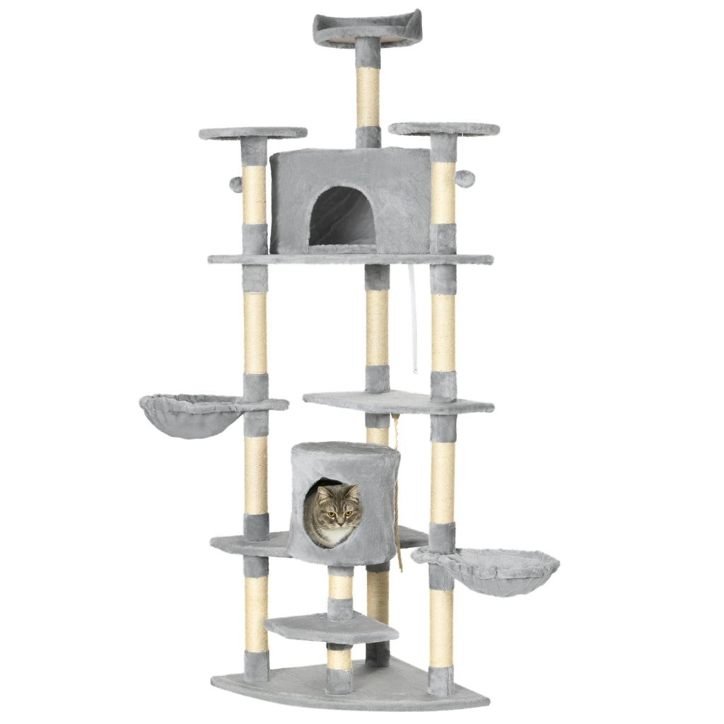 EasyComfort Albero Tiragraffi per Gatti Alto con Casette e Amache, 60x60x200cm, Grigio Chiaro