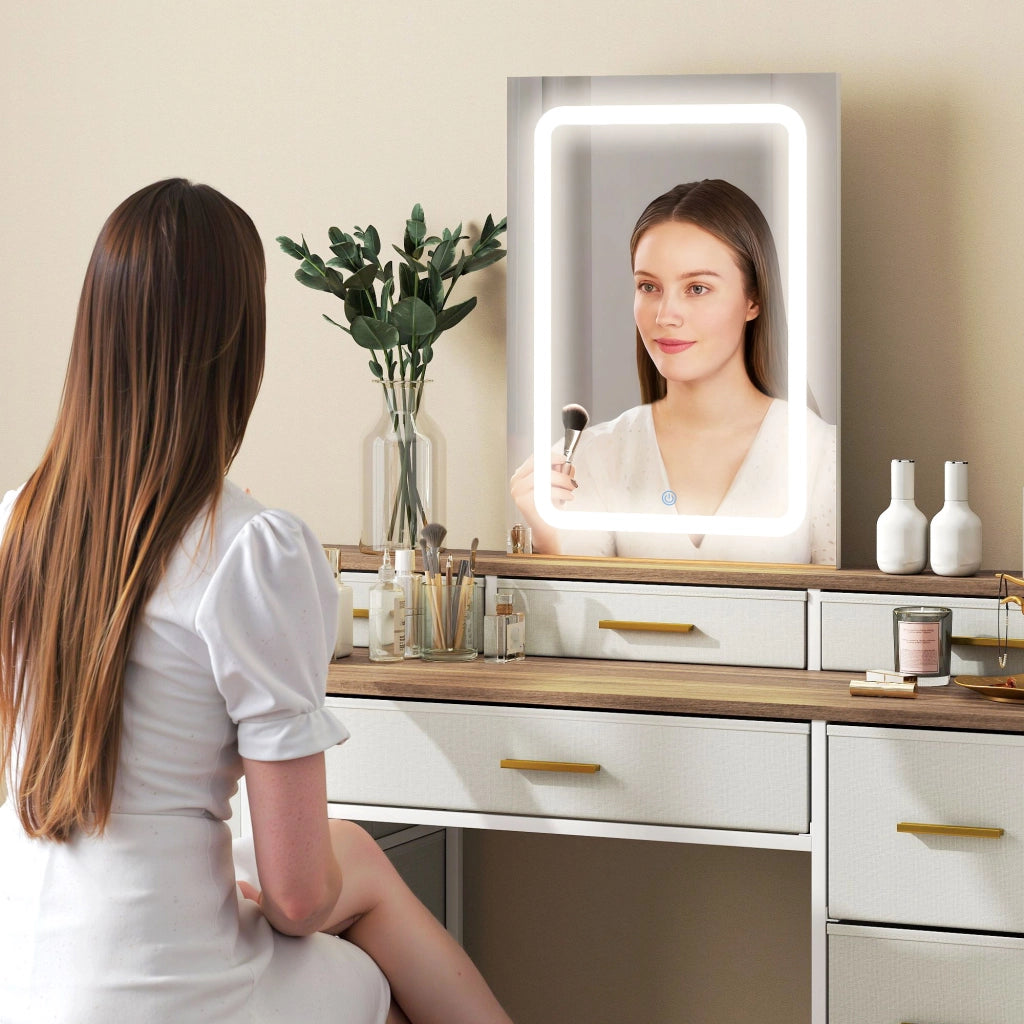 Toilette con specchio LED 3 colori ¨C Xylo ¨C 10 cassetti tessuto 118,5x39,5x140cm naturale
