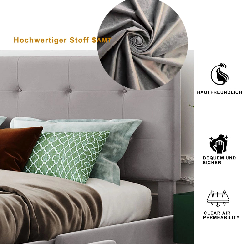 LETTO imbottito 140x200 cm con 4 cassetti, velluto grigio