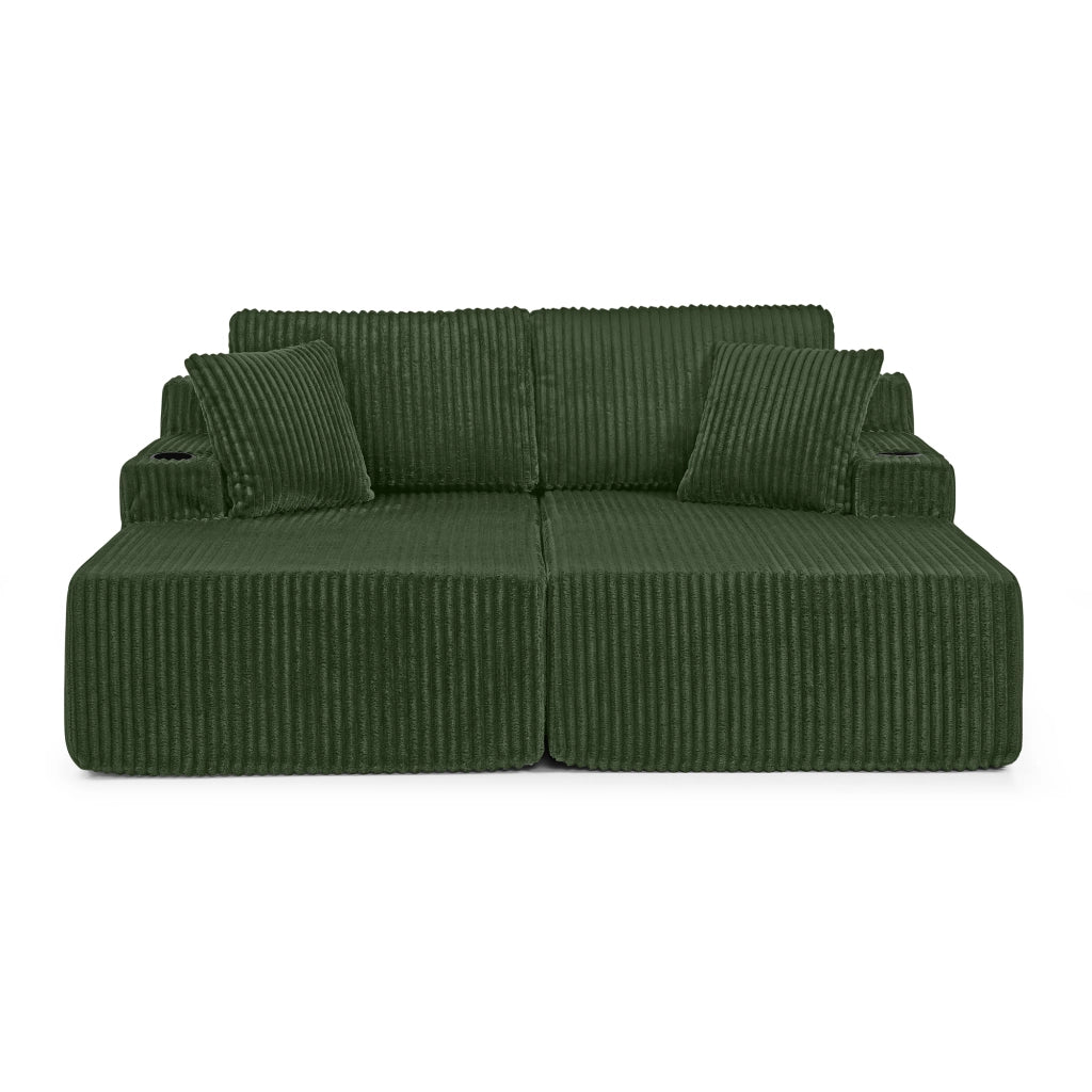 Divano Letto 2 Posti Relax ¨C MINIMAL ¨C Verde, Tessuto a Coste, con Cuscini e Portabicchieri