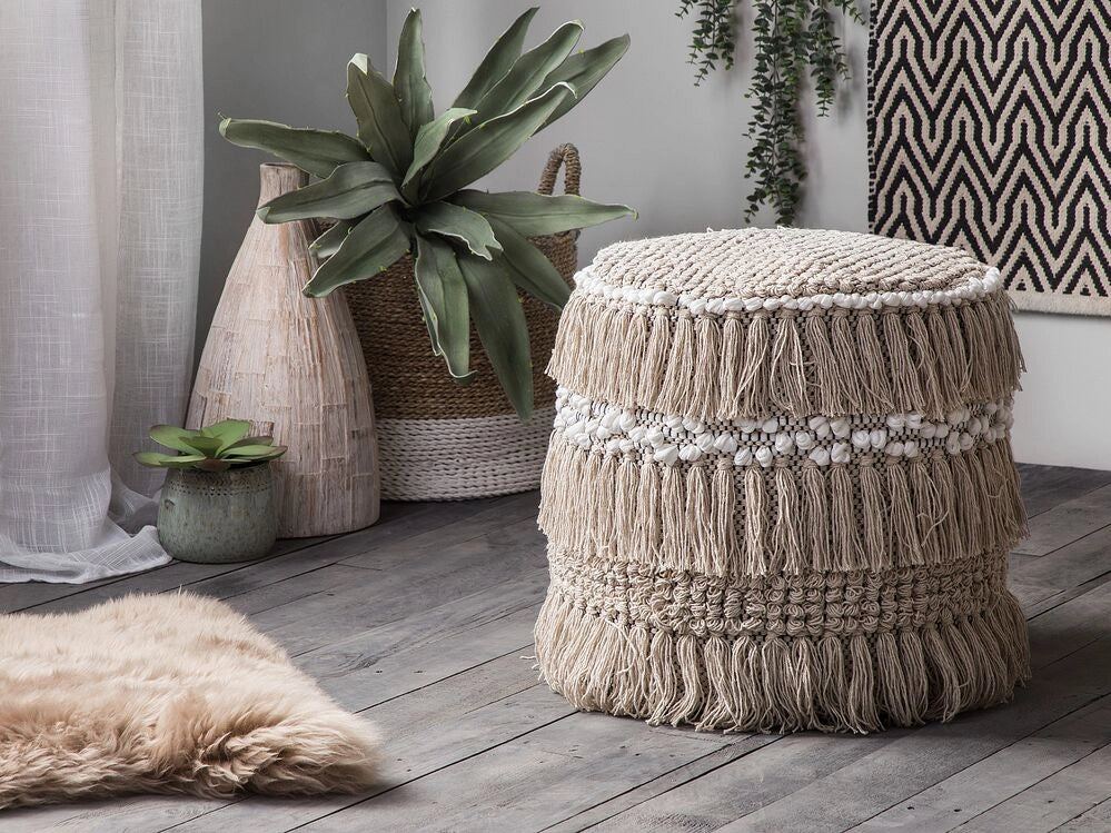 Pouf Beige Cotone Nappe e Nodi Decorativo Boho Rustico soggiorno