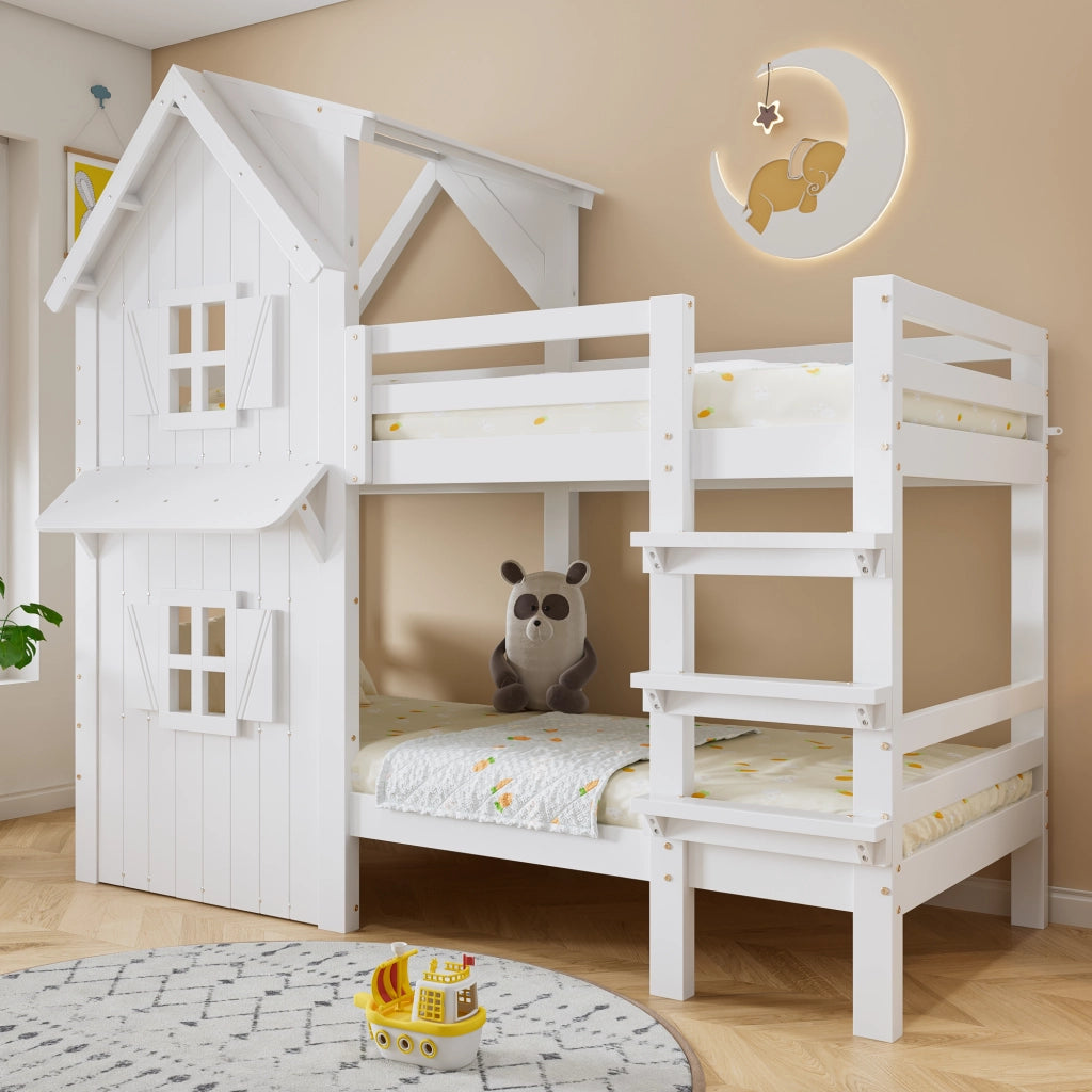 LETTO A CASTELLO per bambini 90x200 cm Bianco con finestre e tetto