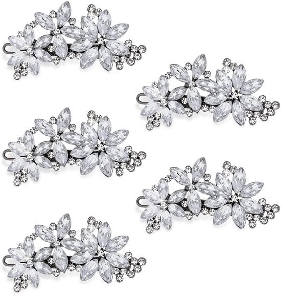 Accessori per capelli eleganti a forma di fiore con cristalli e strass in argento - set di 5 pezzi - alta qualità