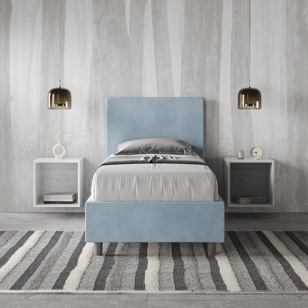 BS COM Letto singolo contenitore imbottito 90x190 microfibra azzurro