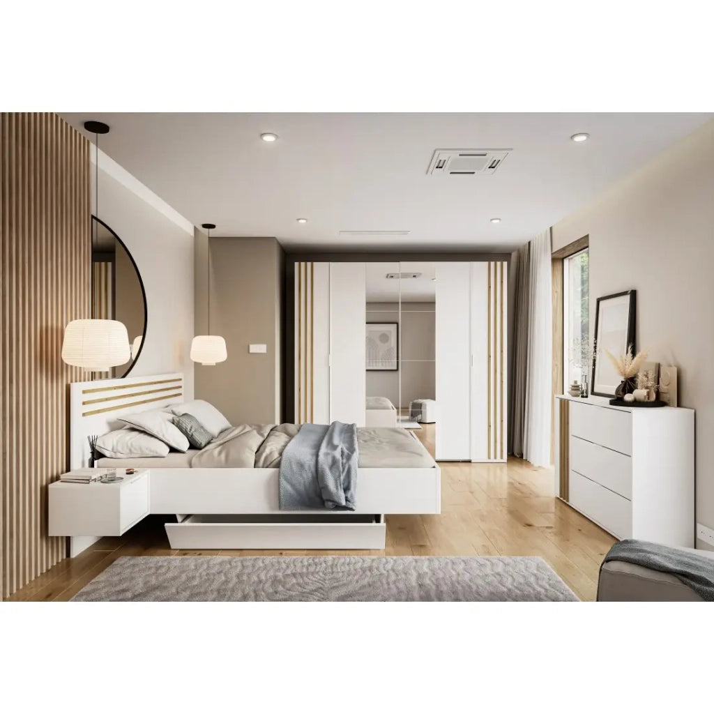 Letto FLORENCE – 180x200 cm – Bianco – Con due comodini – Rete e cassetti non inclusi