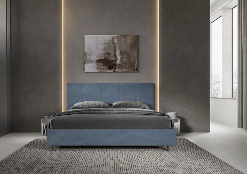 BS COM Letto matrimoniale king size contenitore imbottito 180x190 microfibra blu