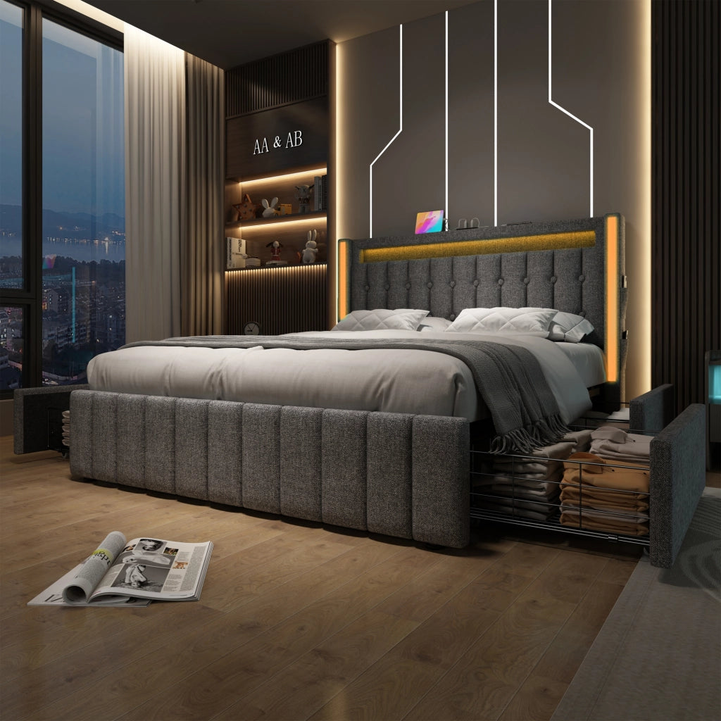 LETTO imbottito 160x200 cm in lino grigio con 4 cassetti, USB e LED