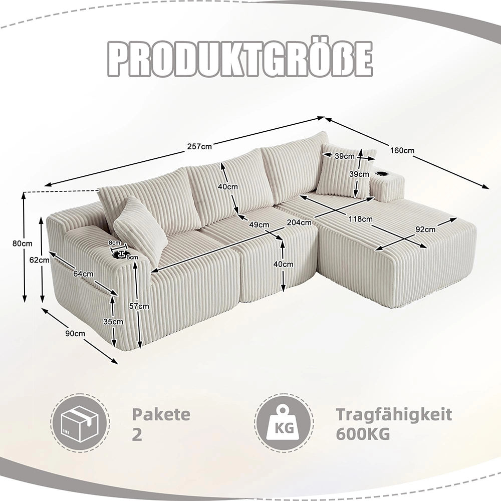 Divano modulare con chaise longue e 2 posti - Xylo - Velluto costato, 5 cuscini, portaoggetti e bevande