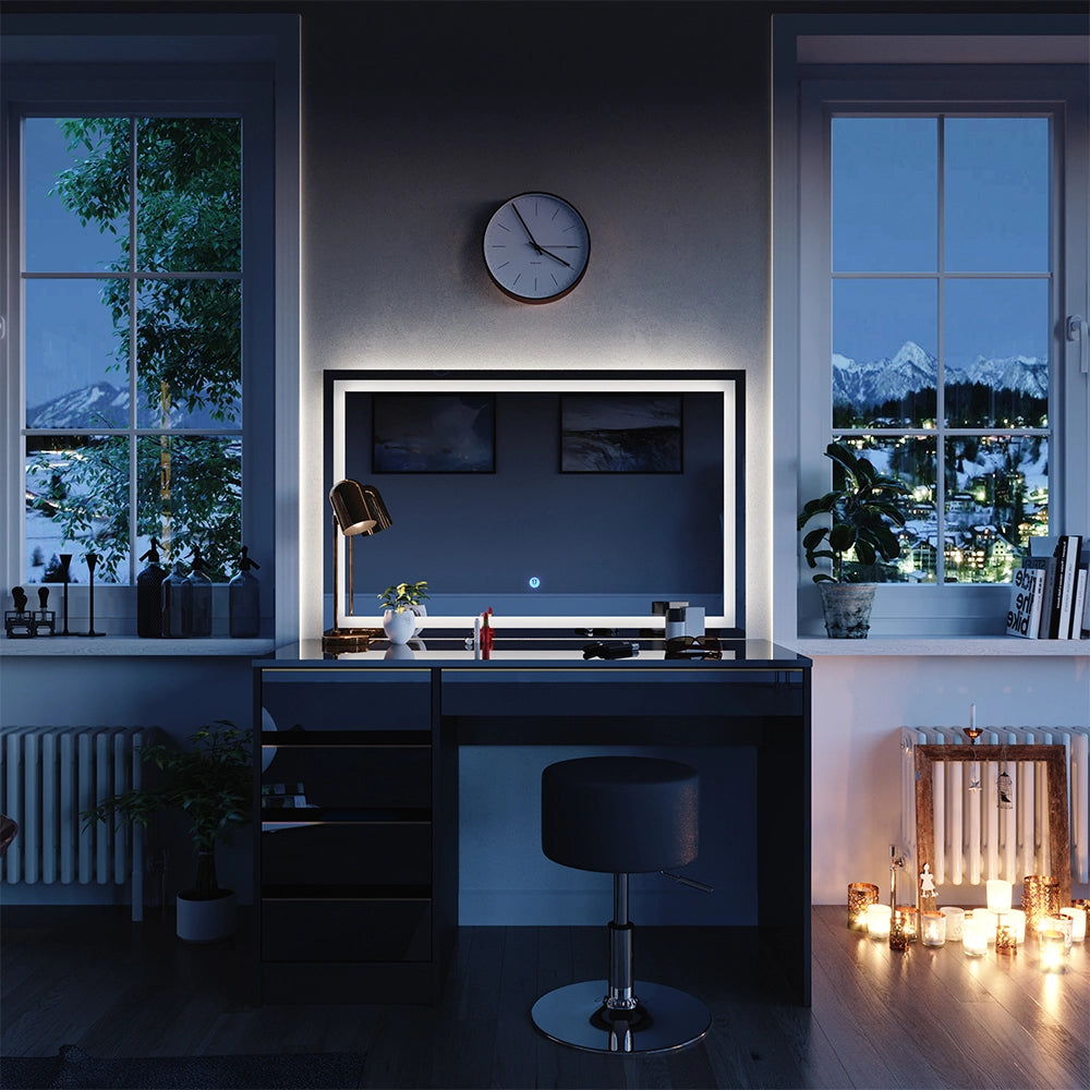 Vicco Tavolino da toilette Nero/oro 120 cm con specchio LED e sgabello