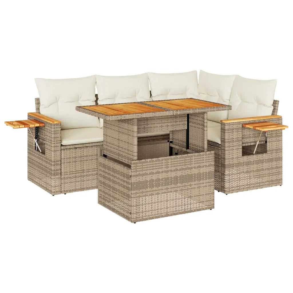 Set Divano da Giardino 5 pz con Cuscini Beige Polyrattan Acacia 3327593