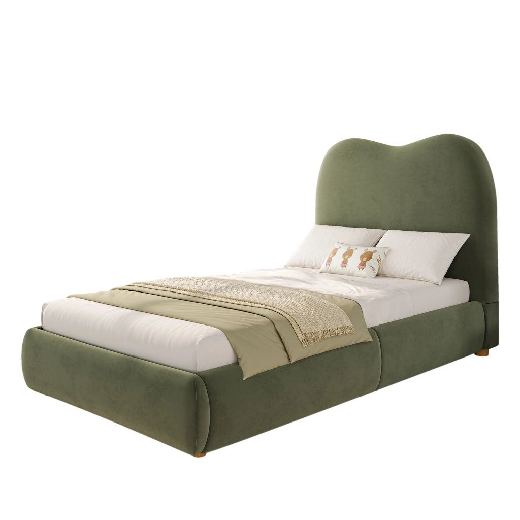 Letto imbottito per bambini con contenitore, rete a doghe, velluto verde