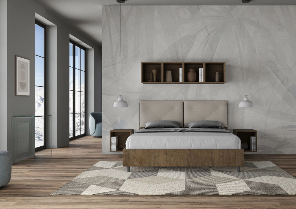 BS COM Letto matrimoniale con rete 160x200 Noce cuscini similpelle tortora