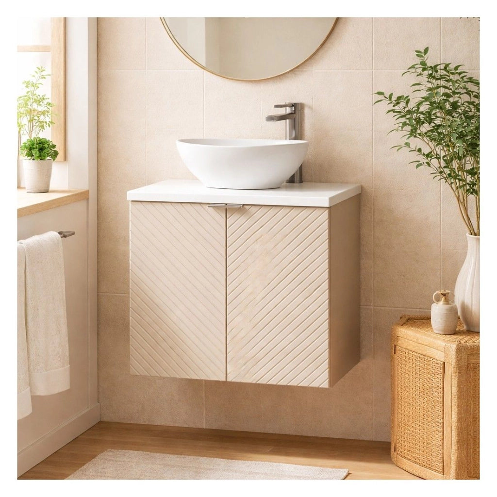 Set AOKI: mobile sottolavabo con armadietti 60cm + piano lavabo bianco + lavabo bianco rotondo da appoggio