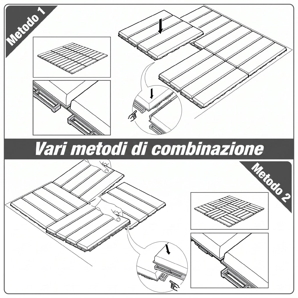 Set 9 Mattonelle a Incastro per Terrazzo, Piastrelle per Pavimenti, Piastrelle per Esterno in PP Antiscivolo, Area: 0.81 mq, 30x30x2cm, Nero