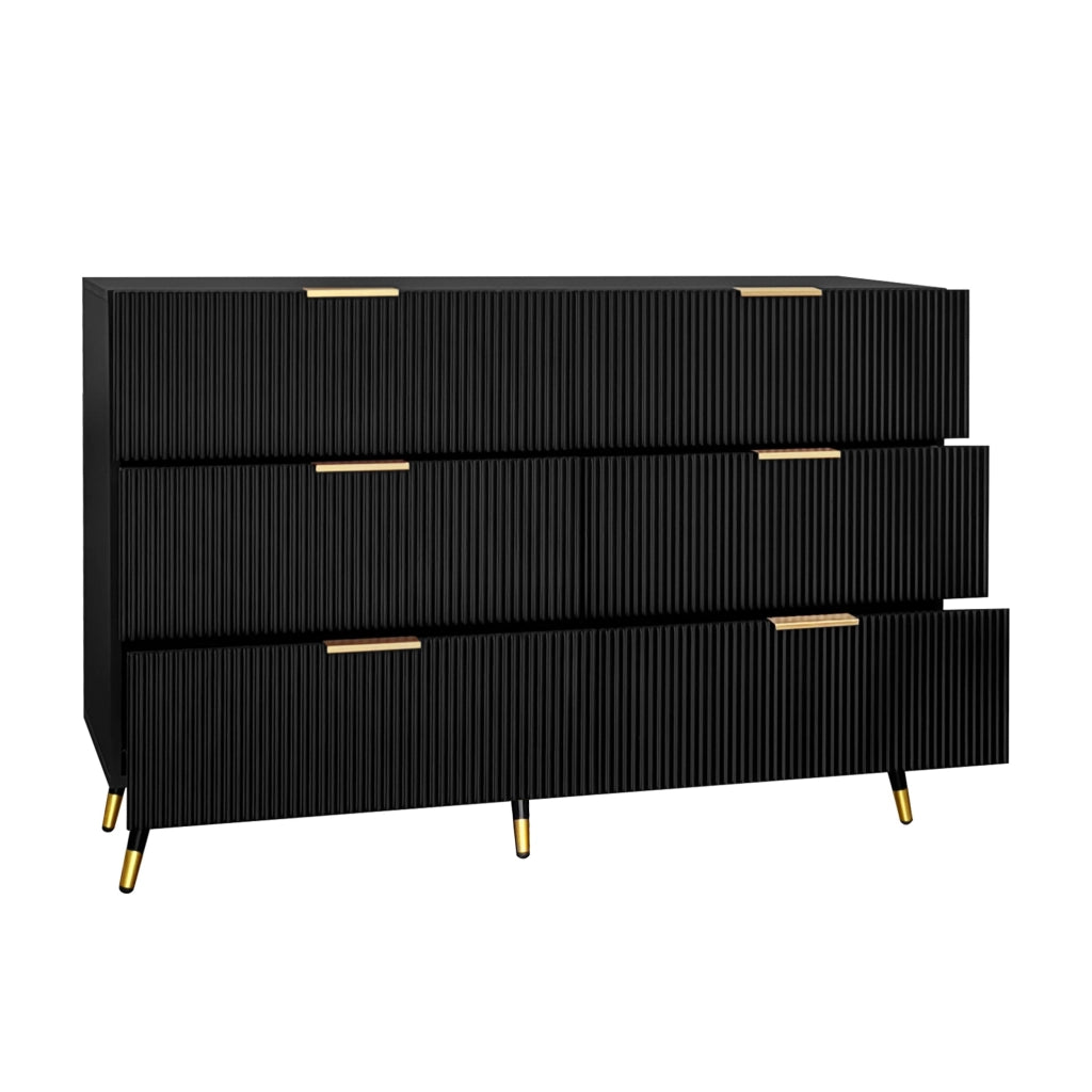 Credenza moderna nera e oro con 6 cassetti, 120x40x77 cm, design minimalista
