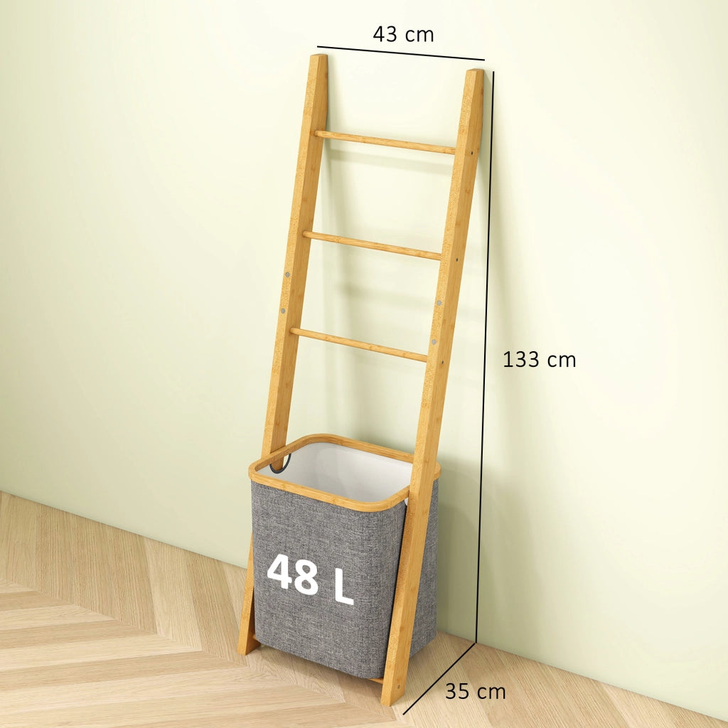 Mobile da Bagno in Bamb¨´ con 3 Sbarre e Cesto Lavanderia ¨C Zephmum ¨C Grigio 48L