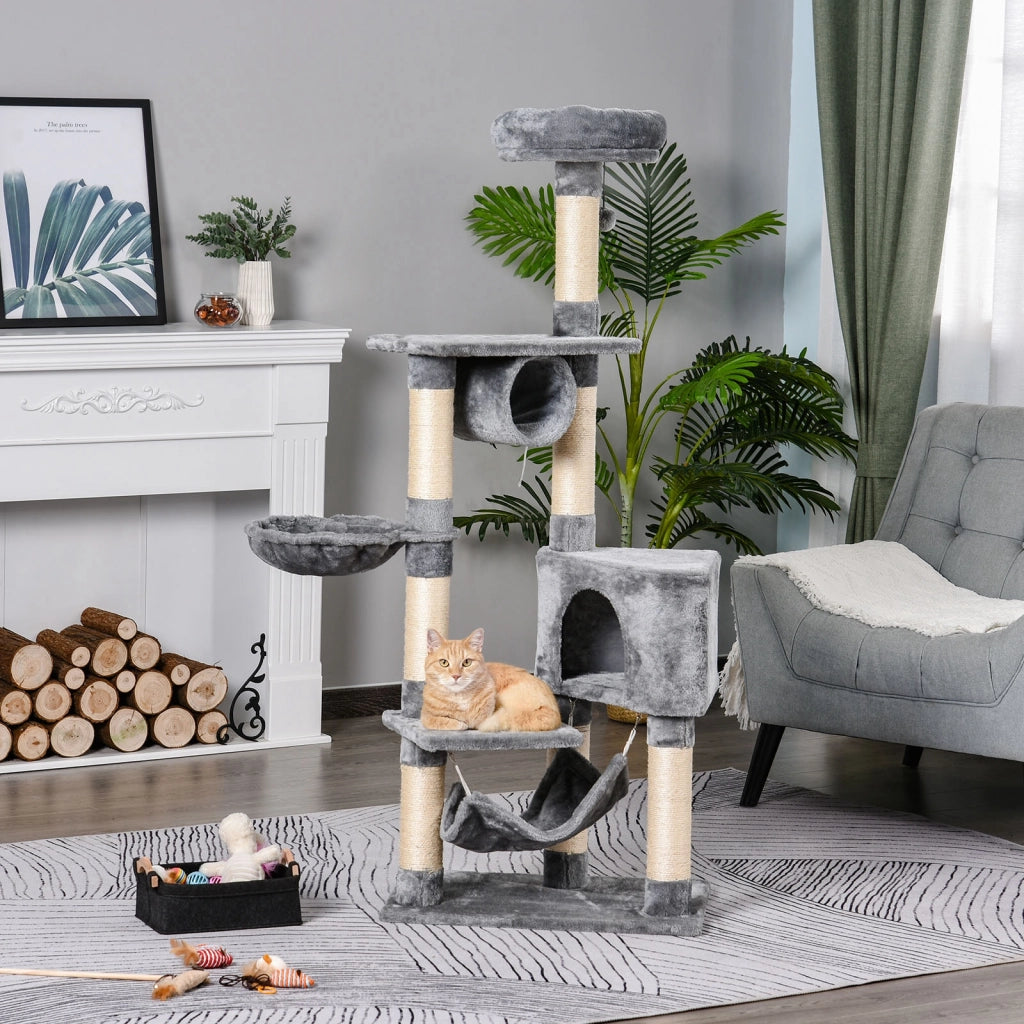 Torre per Gatti con Piattaforme Tunnel e Amaca ¨C Minimal ¨C Grigio 60x40x154 cm