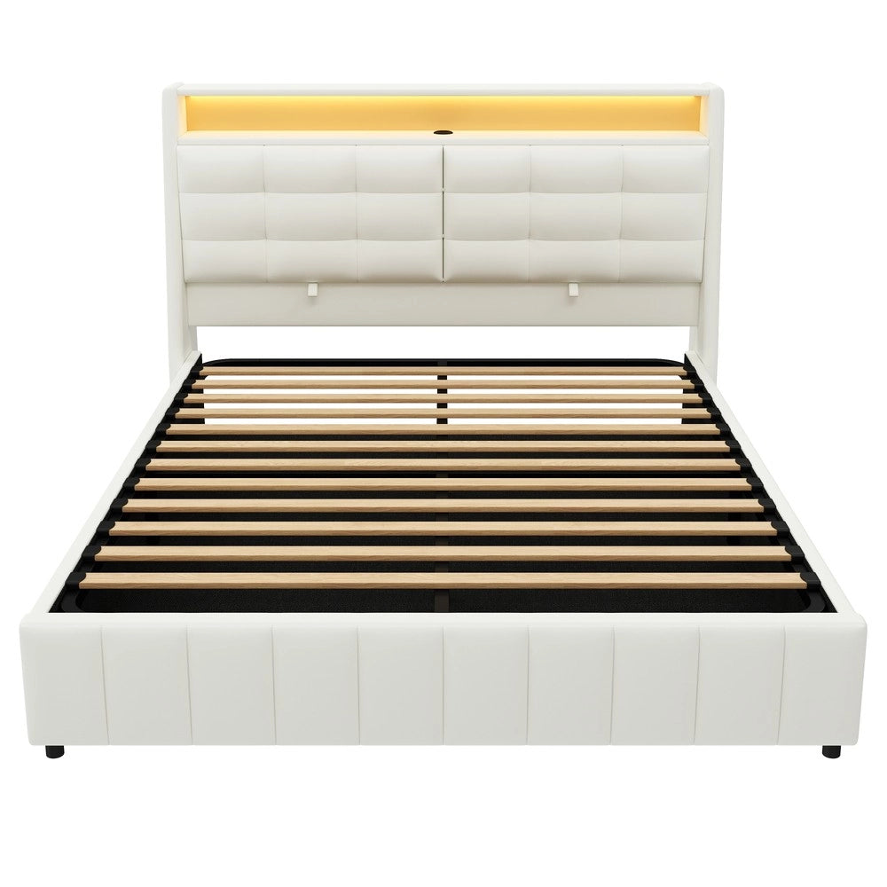 Letto Contenitore Imbottito con LED e USB ¨C MINIMAL ¨C Bianco 160x200
