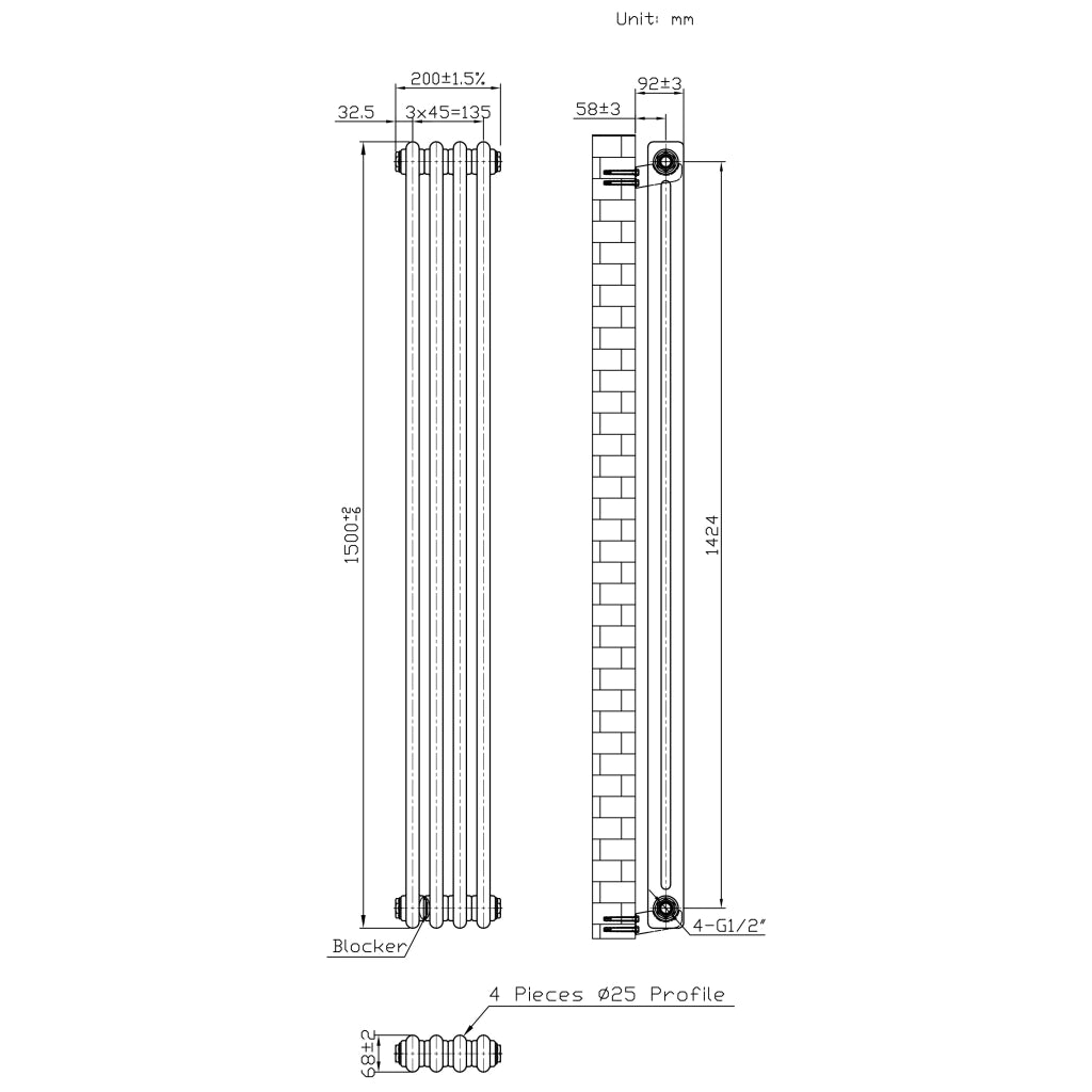 Radiatore 2 Colonne Verticale Metallo Grezzo 1500x200 mm