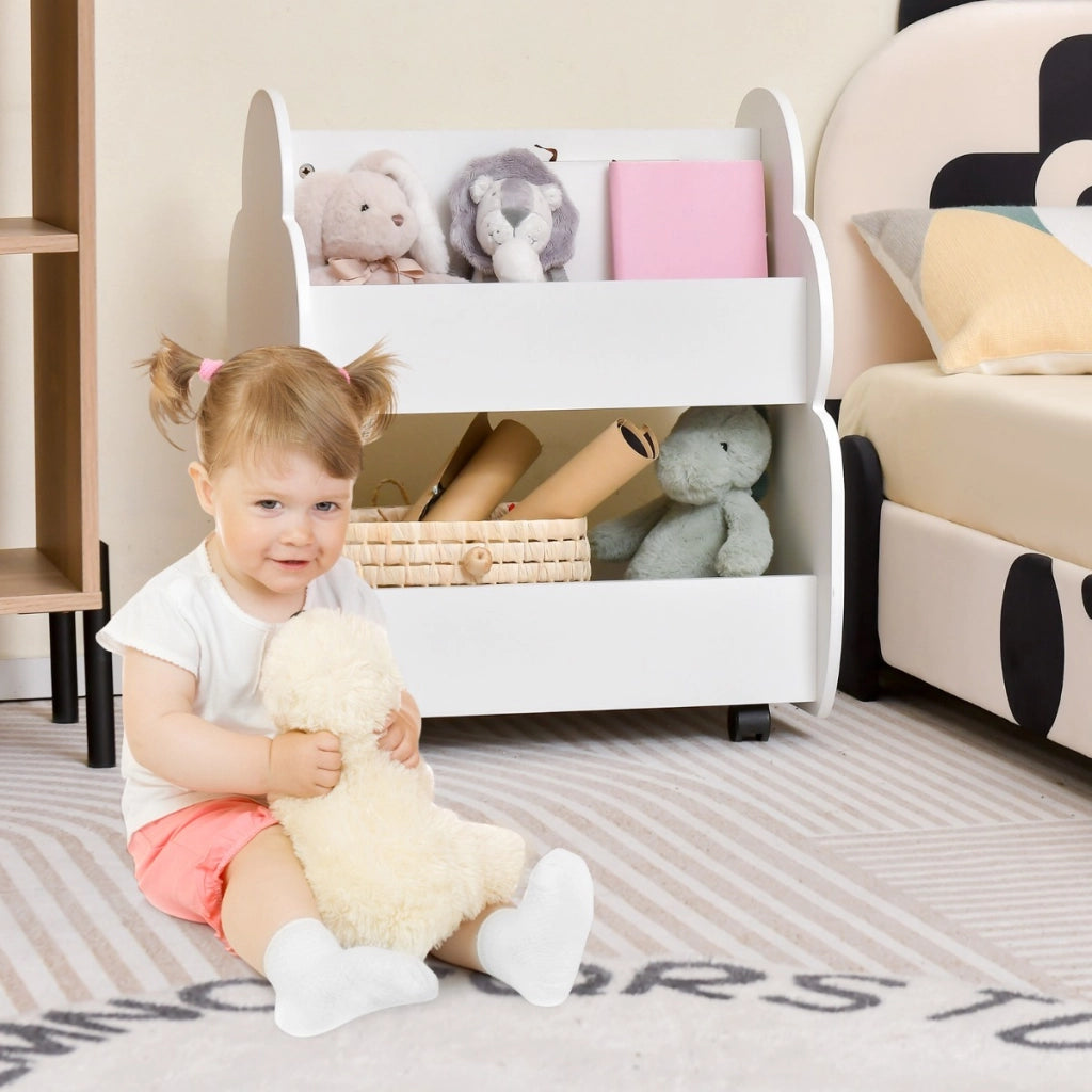 Libreria per bambini a 2 livelli con ruote aspetto adorabile e angoli arrotondati, Libreria bimbi spaziosa Bianco