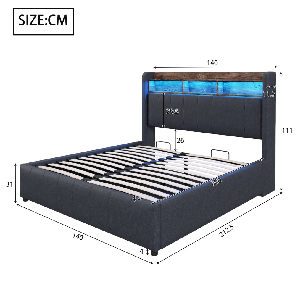 LETTO Imbottito 140x200 cm Grigio con LED, USB, Tipo C e vano contenitore