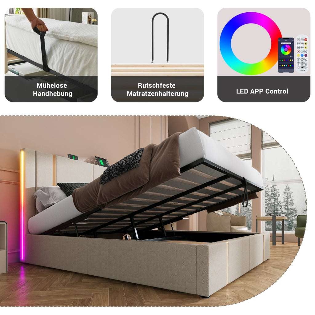 LETTO Contenitore 180x200 cm Beige in lino con USB e LED