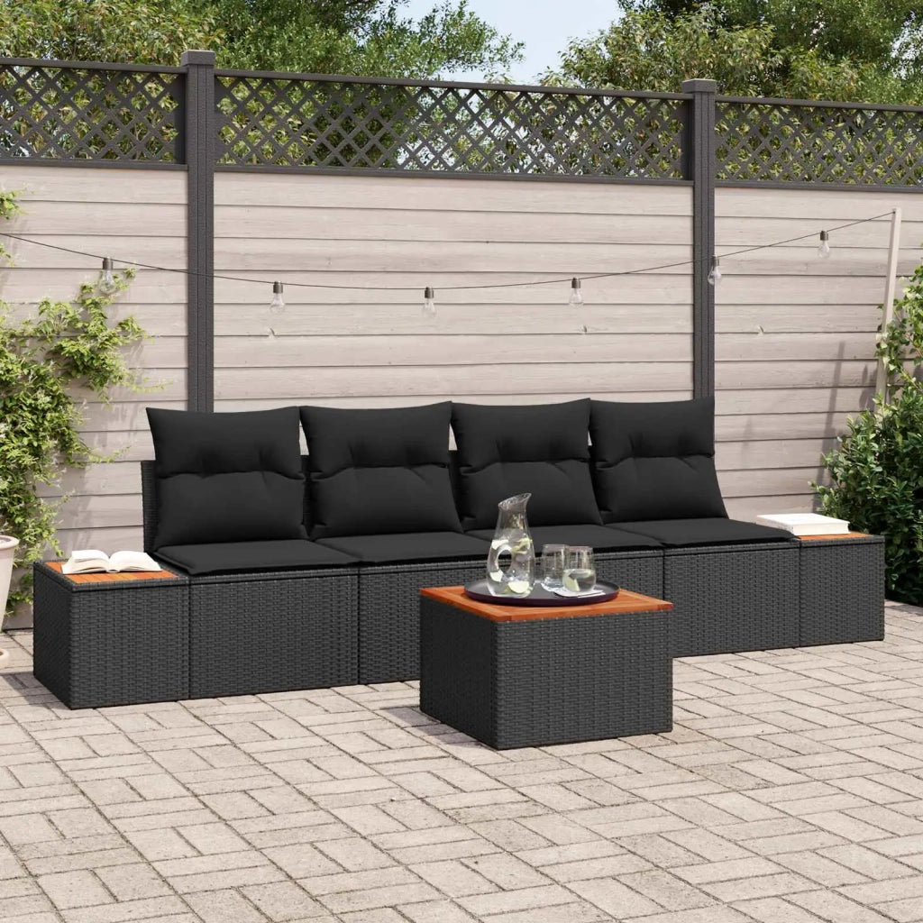 Set Divano da Giardino con cuscino 5 pcs Nero Poly Rattan