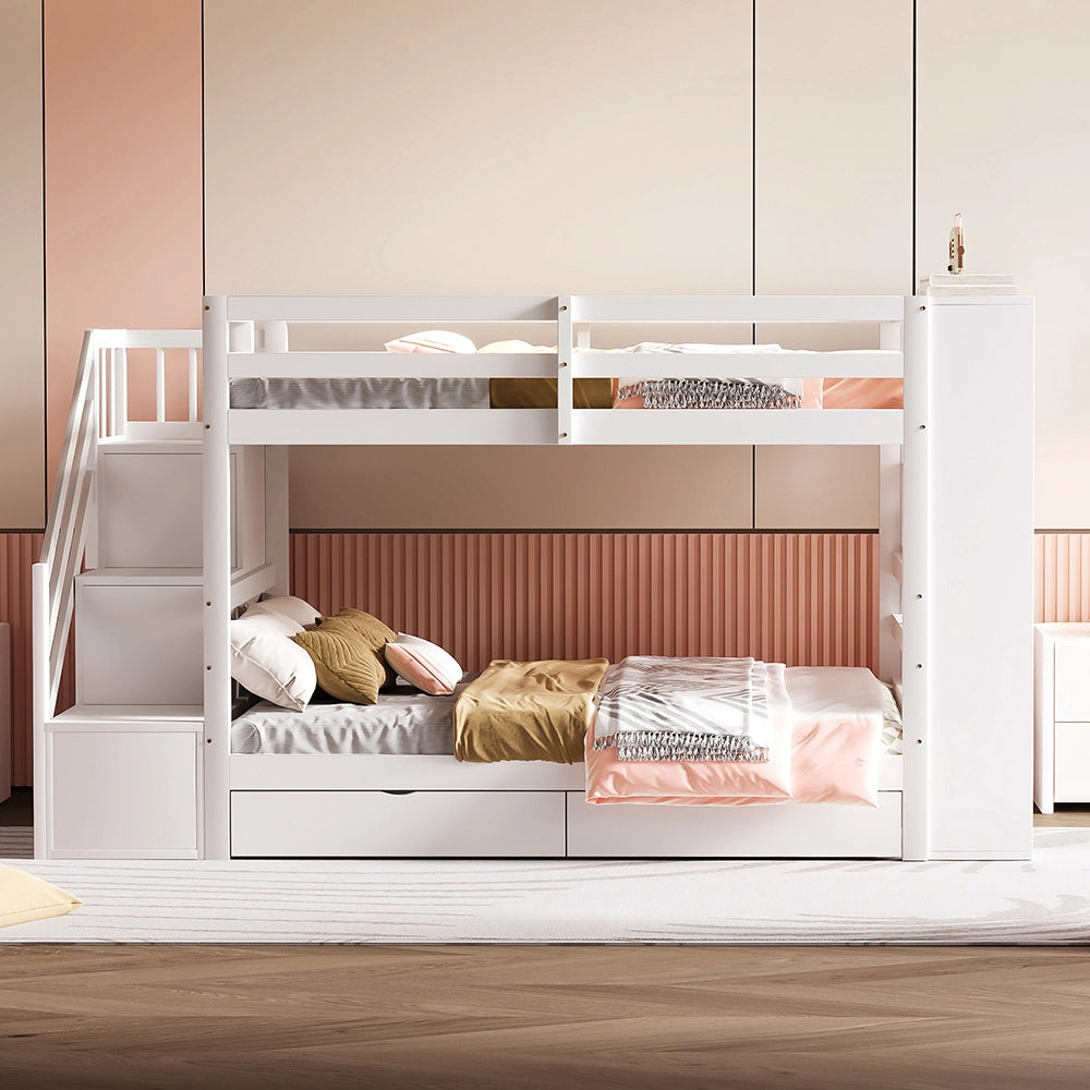 Letto a castello 90x200 cm - Xylo - Bianco con scala di sicurezza e cassetti