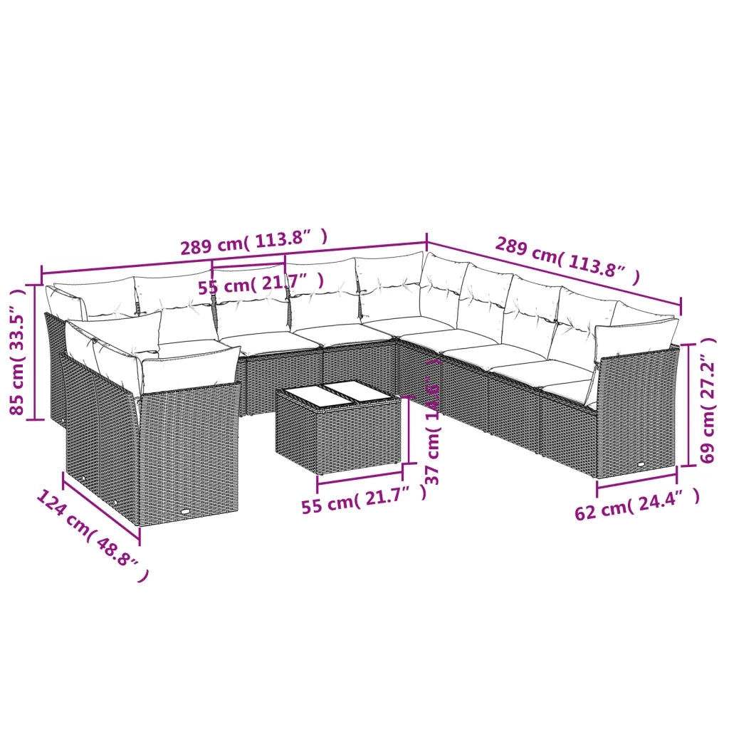 Set Divano Giardino 12 pz con Cuscini Grigio Chiaro Polyrattan